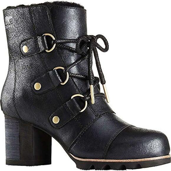 Sorel Addington Lace Up Holiday Boots Heeled Platform Faux Fur Leather Black 6 - Picture 1 of 7